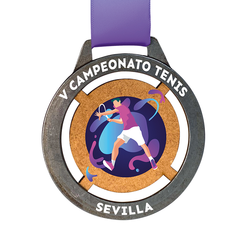 Medalla redonda de metal y madera impresa a color. Ref. S12G