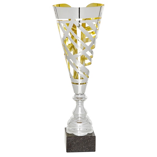 Trofeo cónico metálico dorado figura abstracta
