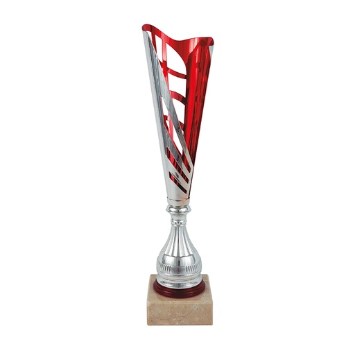 Trofeo bicolor plateado y rojo abstracto