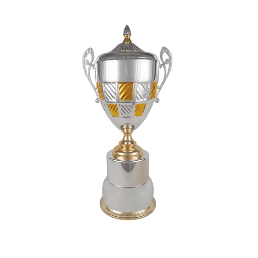 Trofeo clásico plateado-dorado con asas y tapa