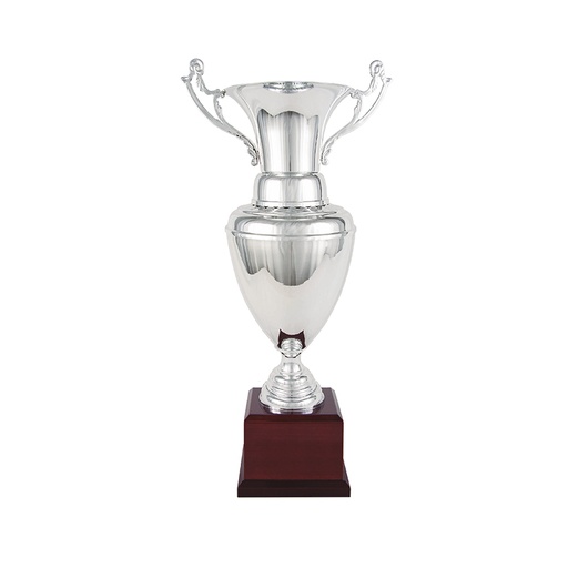Trofeo clásico plateado jarrón con asas y peana madera