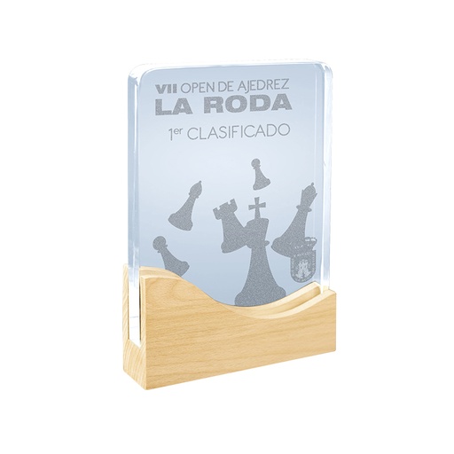 Trofeo cristal de 15mm grosor grabado a láser con peana madera. Ref. 24088