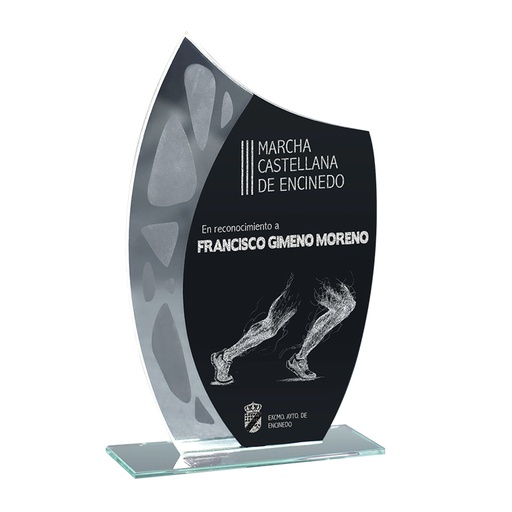 Trofeo cristal negro grabado a láser de 4mm de grosor. Ref. 24103